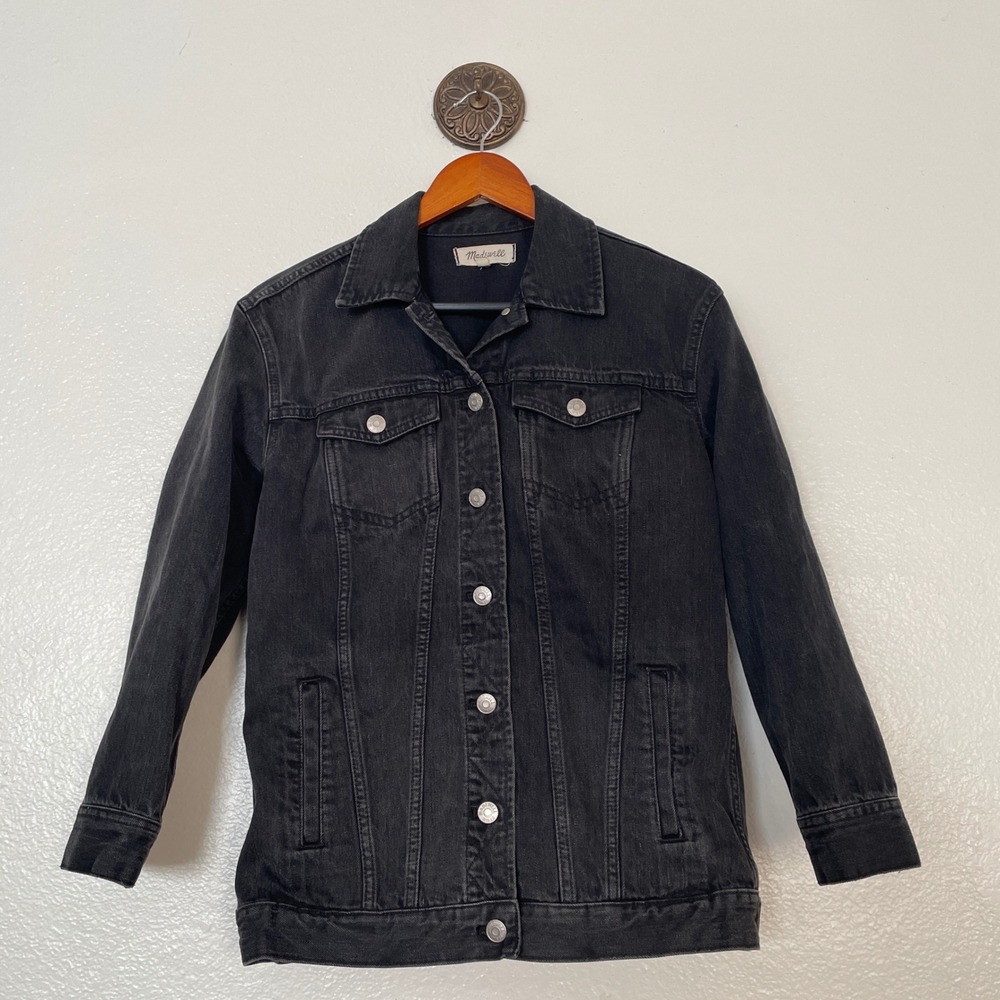 Madewell Womens XS Black Denim Trucker Jacket Faded Wash Button Front